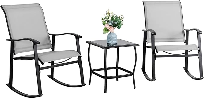 Vongrasig 3 Piece Outdoor Rocking Bistro Set, Textilene Fabric Small Patio Furniture Set, Front Porch Rocker Chairs Conversation Set with Glass Table for Lawn, Garden, Balcony, Poolside (Light Gray) by Vongrasig