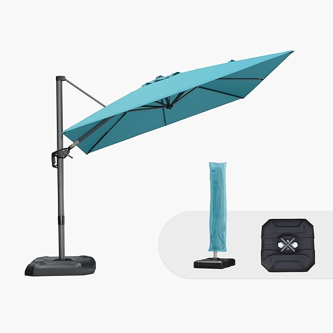PURPLE LEAF 9'×9' Patio Umbrella with Base Outdoor Cantilever Umbrella with Cover Aluminum Square Offset Umbrella with 360-degree Rotation for Deck Pool Garden Turquoise Blue by PURPLELEAF