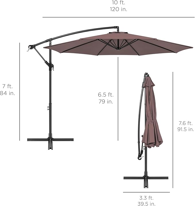Best Choice Products 10ft Offset Hanging Market Patio Umbrella w/Easy Tilt Adjustment, Polyester Shade, 8 Ribs for Backyard, Poolside, Lawn and Garden - Deep Taupe - Image 7