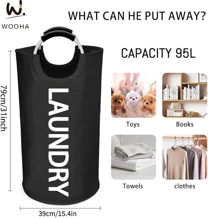 WOOHA 95L Large laundry baskets, Tall Clothes Baskets Folding Washing Bin - Image 2