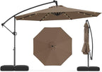Tangkula 10ft Solar LED Patio Umbrella with Base, Offset Cantilever Outdoor Umbrella with 32 LED Lights, Infinite Tilt, 360 Degree Rotation, Crank Handle for Pool Deck Garden Backyard (Tan) by TANGKULA