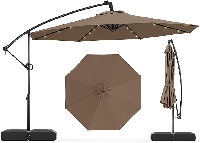 Tangkula 10ft Solar LED Patio Umbrella with Base, Offset Cantilever Outdoor Umbrella with 32 LED Lights, Infinite Tilt, 360 Degree Rotation, Crank Handle for Pool Deck Garden Backyard (Tan) by TANGKULA