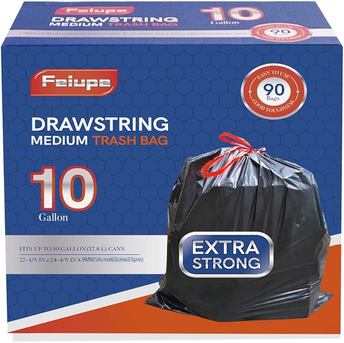 10 Gallon Drawstring Trash Bag Garbage Bag Trash Can Liner, 0.9 Mil by Feiupe