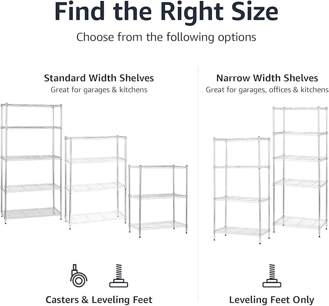 Amazon Basics 3-Shelf Adjustable Heavy Duty Steel Wire Shelving Rack with Chrome Finish, No-Tool Assembly, 250 lbs per Shelf, 23.2" L x 13.4" W x 30" H - Image 6