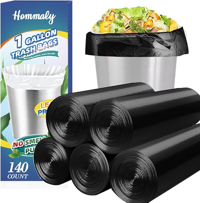 1 Gallon 140 pcsSmall Black Trash Bags, Strong 0.8 Gallon 1 Gallon 1.2 Gallon by HOMMALY