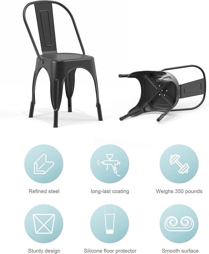 Nazhura Metal Dining Chair Farmhouse Tolix Style for Kitchen Dining Room Café Restaurant Bistro Patio, 18 Inch, Stackable, Waterproof Indoor/Outdoor (Sets of 4) (Black) - Image 4