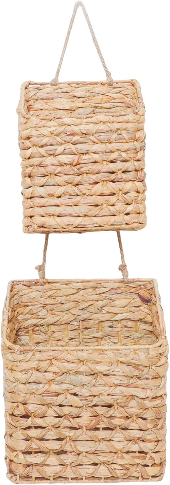 2-Tier Wall Hanging Wicker Water Hyacinth storage baskets Set, Woven Rustic by QingtuHome