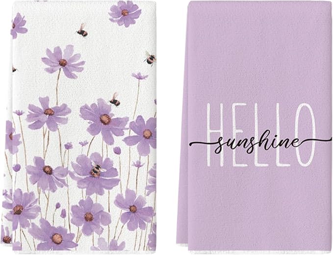 Artoid Mode Purple Flowers Bee Hello Sunshine Summer Kitchen Towels Dish Towels by ArtoidMode
