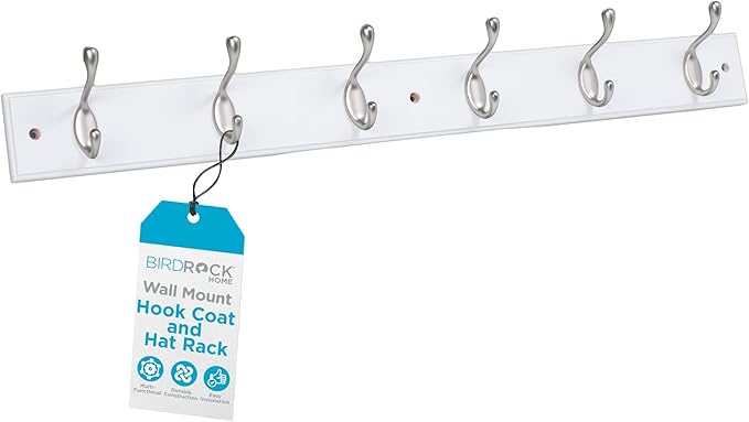 BIRDROCK HOME Oval Hook Coat and Hat Rack | 6 Hooks | Wall Mount | White Finish by BIRDROCKHOME