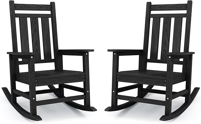 KINGYES Oversized Outdoor Rocking Chair Set of 2, All-Weather Patio Rocking Chairs for Porch, HDPE Outdoor Patio Rockers with High Back & Wide Seat for Garden, Lawn, Black by KINGYES