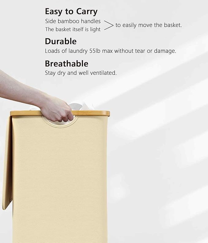 SUOCO Laundry Hamper with Lid, 29 Gal Clothes Basket with Bamboo Handles - Image 5