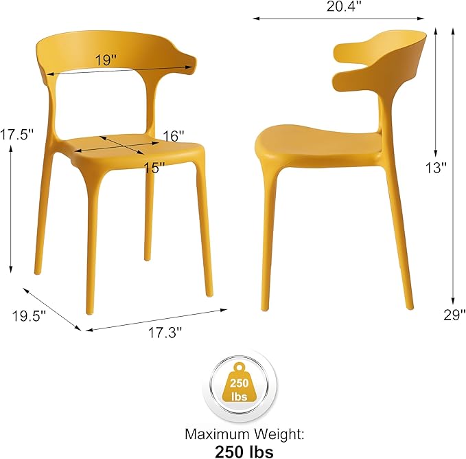 Modern Stackable Dining Chair Set, No Assembly, Plastic Chair, Patio Chair, Suitable for Indoor and Outdoor Cafes and Restaurants, Set of 4 (Mustard Yellow) - Image 3