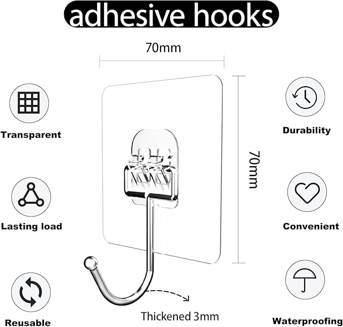 Adhesive Hooks for Hanging, Wall Hooks Self Adhesive Towel Coat Waterproof - Image 2