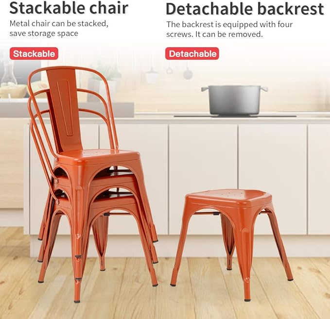 FDW | Set of 4 Metal Dining Chairs | Orange | Stackable Tolix Side Chairs with Backrest | Scratch-Resistant | Non-Slip Feet | Indoor/Outdoor Use | 330 lbs Capacity | Ideal for Kitchen & Restaurant - Image 8