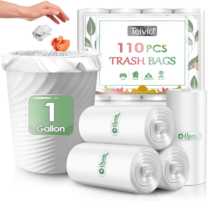 1 Gallon 110 Counts Strong Trash Bags Garbage Bags by Teivio, Bin Liners by Teivio