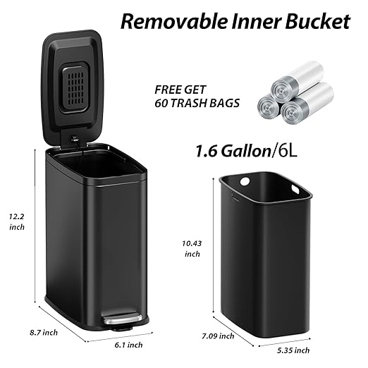 1.6 Gallon Black Bathroom Step Trash Can - Image 5