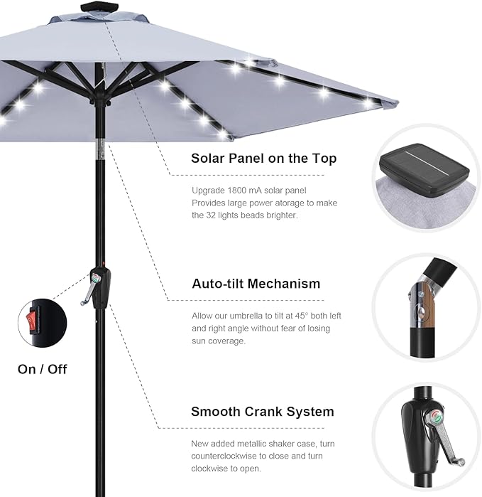ABCCANOPY Durable Solar Led Patio Umbrellas with 24LED Lights 7.5FT with 6 Sturdy Ribs (Fog Gray) - Image 8