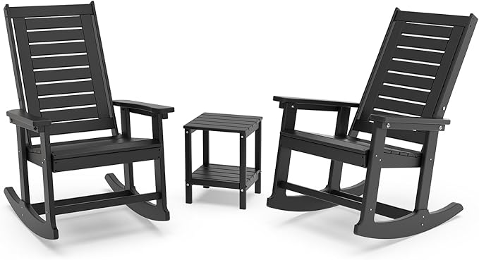 GREENVINES Outdoor Rocking Chair Set | 3-Piece | 2 Rocking Chairs with 1 Side Table | Porch Rocker | HDPE Plastic | Black | Patio Furniture Sets | High Back | Big & Tall | Ladder Back by GreenVines