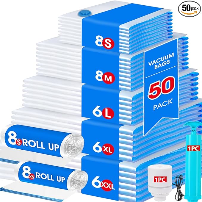 AROIC 50 Pack Vacuum Storage Bags, 5 Sizes + 2 Roll-up Space Saver Vacuum by AROIC