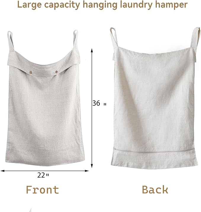 100% Linen Hanging Laundry Hamper Bag 22x36 Inch, Over the Door - Image 2