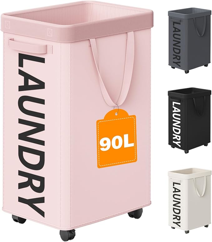 Pink Laundry Basket with Wheels, Dorm Room Essentials by Optish