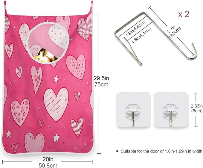 Hot Pink Hearts Stars Hanging Laundry Hamper Door Hampers Bag Basket - Image 3
