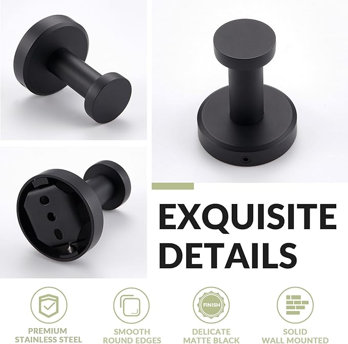 APLusee Matte Black Robe Towel Hook, 304 Stainless Steel Round Coat Hook - Image 8