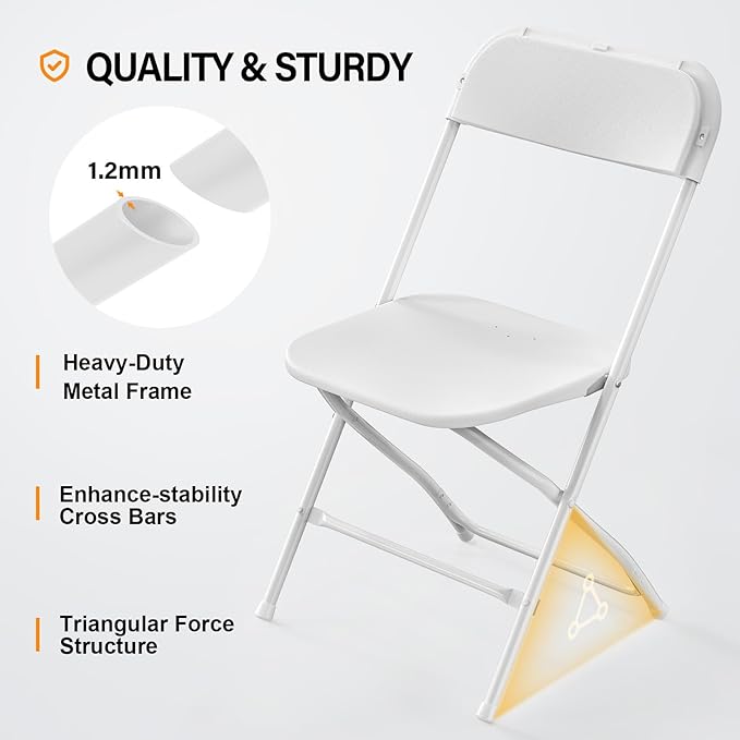 VINGLI 6 Pack White Plastic Folding Chair, Indoor Outdoor Portable Stackable Commercial Seat with Steel Frame 350lb. Capacity for Events Office Wedding Party Picnic Kitchen Dining - Image 4