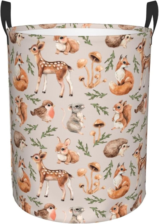 Forest Little Animal Laundry Hamper Bag, Deer Squirrel Hedgehog Fox Round - Image 9