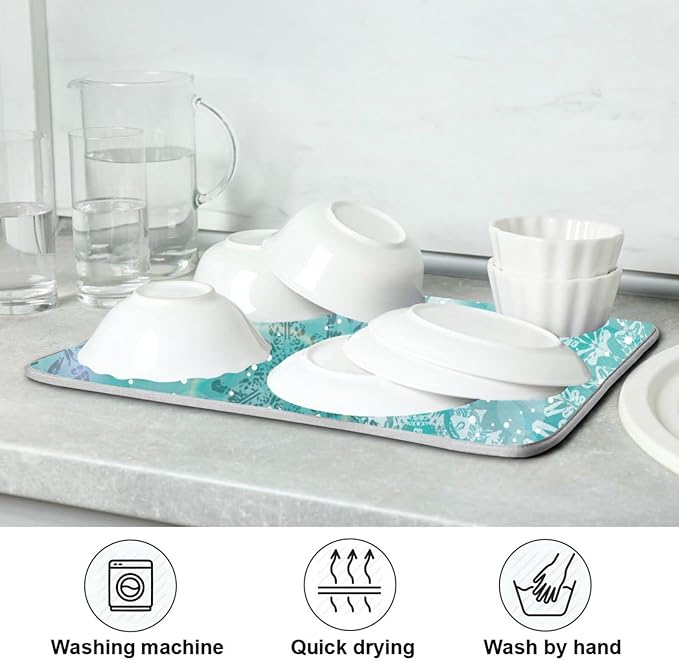 ALAZA Silver Winter Teal Turquoise Snowflakes Christmas Dish Drying Mat - Image 7