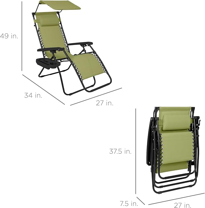 Best Choice Products Folding Zero Gravity Outdoor Recliner Patio Lounge Chair w/Adjustable Canopy Shade, Headrest, Side Accessory Tray, Textilene Mesh - Dusty Green - Image 2