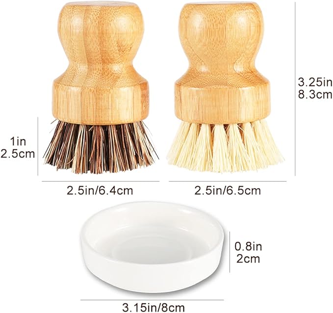 Bamboo Dish Brush with Ceramic Dish, Natural Bristle Palm Brush Pot Scrubber - Image 4