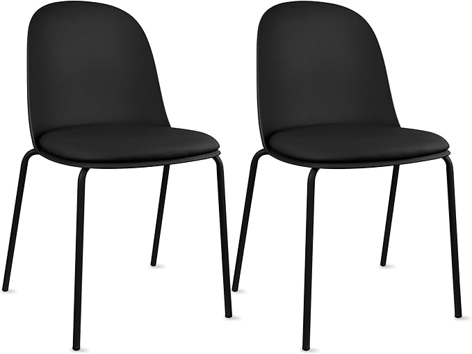 2xhome Modern Stackable Armless Dining Chair | Plastic Shell Seat with Metal Legs | Indoor or Outdoor Use | Home Kitchen Patio (2, Black, Padded Seat) by 2xhome