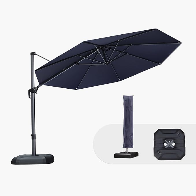 PURPLE LEAF 11 Feet Patio Umbrella with Base and Cover Round Outdoor Cantilever Umbrella Aluminum Offset Umbrella with 360-degree Rotation for Garden Deck Pool Patio Navy Blue by PURPLELEAF