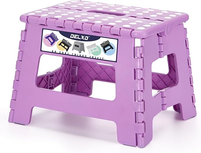 Delxo 9 inch Folding Step Stool, Non-Slip Foldable Small Stools Up to 300 LBS, Kids Step Stool with Handle Lightweight for Kitchen, Bathroom, Bedroom, Garden, Light Purple, 1PC by Delxo