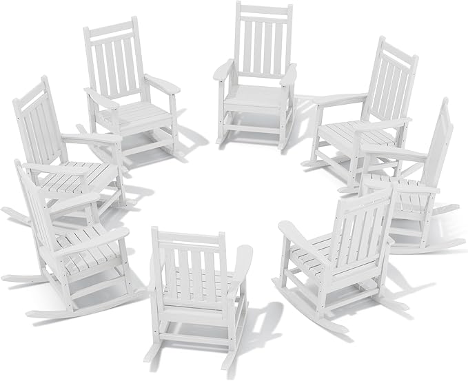SERWALL HDPE Outdoor Rocking Chair Set of 8, Patio Rocking Chairs for Adults, All Weather Outdoor Rockers for Lawn, White by SERWALL
