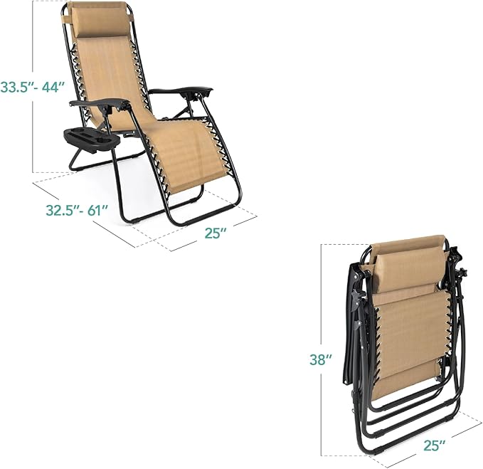 Best Choice Products Set of 2 Adjustable Steel Mesh Zero Gravity Lounge Chair Recliners w/Pillows and Cup Holder Trays - Beige - Image 3