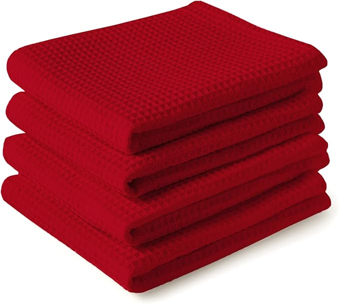 Encasa XO Kitchen Dish Towels Set | Red | Waffle Weave and Flat Hand Tea Towel by EncasaXO