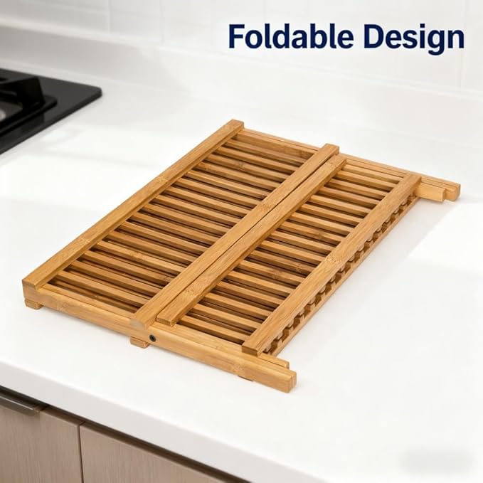 QUEENKAY Dish Drying Rack Collapsible 2-Tier Bamboo Dish Rack - Image 4