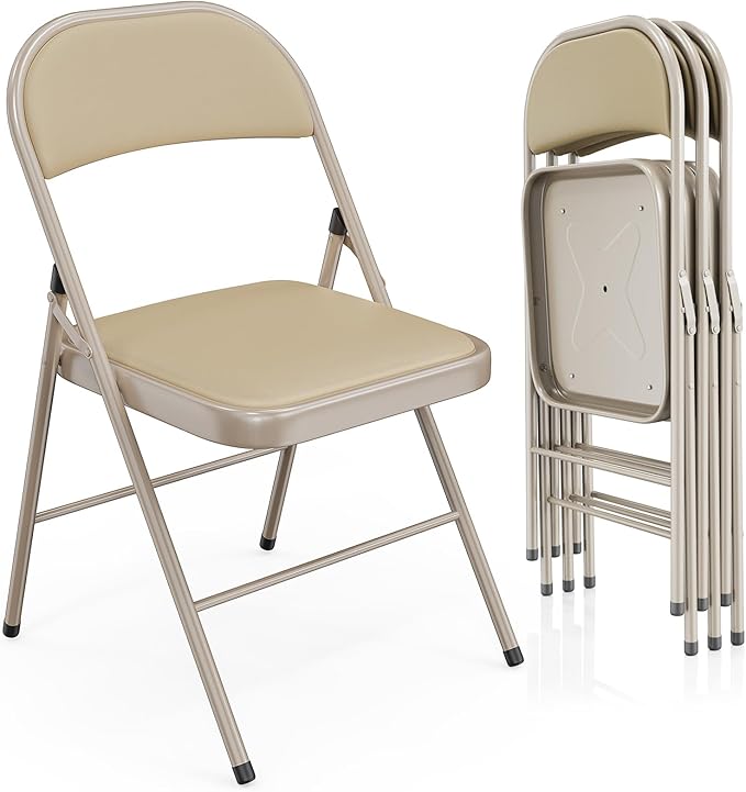 VINGLI 4 Pack Folding Chairs with Padded Seats, Metal Frame with Pu Leather Seat & Back, Capacity 350 lbs, Set of 4, Khaki by VINGLI