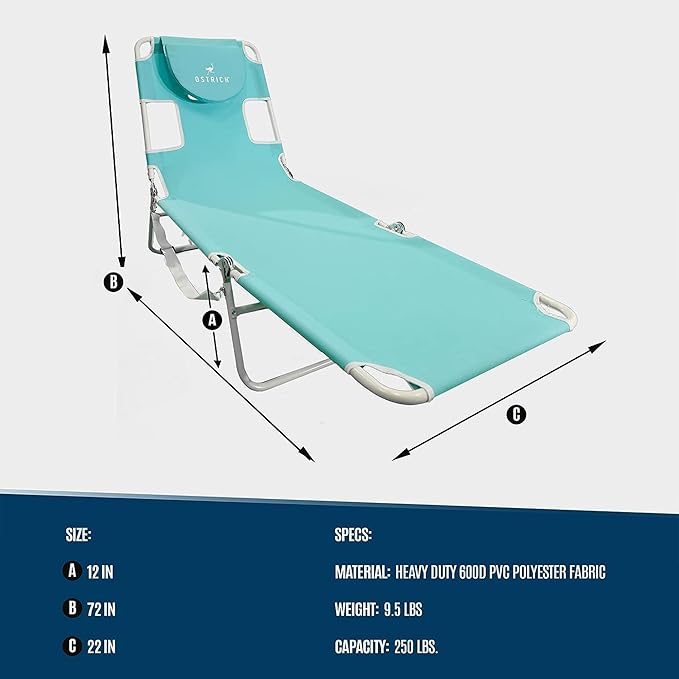 Ostrich 72 by 22 Inch Versatile Chaise Lounge Portable Reclining Lounger, Outdoor Patio, Beach, Lawn, Camping, or Pool Tanning Chair, Aqua - Image 3