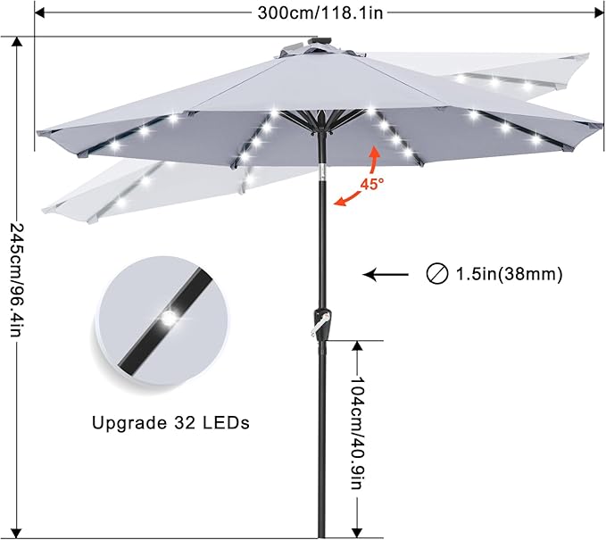 ABCCANOPY 10FT Durable Solar Led Patio Umbrellas with 32LED Lights (Gray) - Image 2