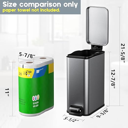 Slim Bathroom Trash Can with Lid Soft Close, 1.6 Gallon Stainless Steel Garbage - Image 3