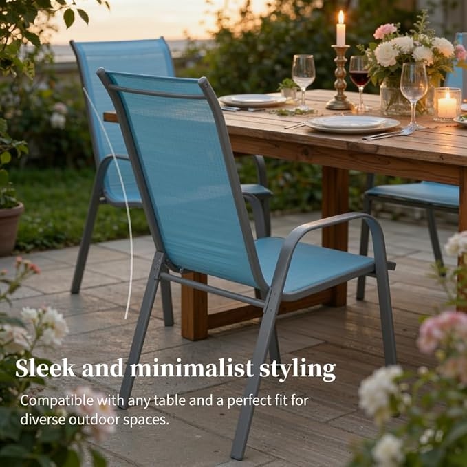 MAMIZO Patio Dining Chairs, Stackable All Weather Teslin Chair, Heavy Duty Outdoor Breathable Chairs Set, w/Armrests, Upgraded Chair FeetW/Strenthened Iron Spacers, 330 LBS (6, Turquoise Blue) - Image 6