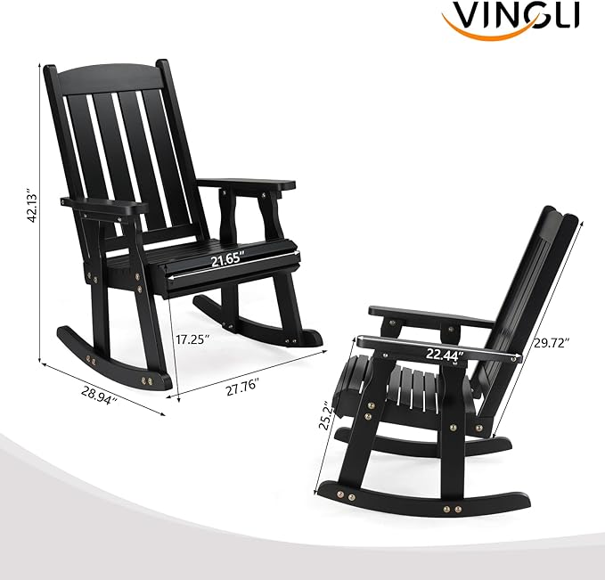 VINGLI Outdoor Rocking Chair Set of 2, Heavy Duty 600 LBS Wooden Rocking Chair with Comfortable Backrest, Weatherproof Rocker with Ergonomic Design, Suit for Patio, Garden, Yard, Black - Image 3