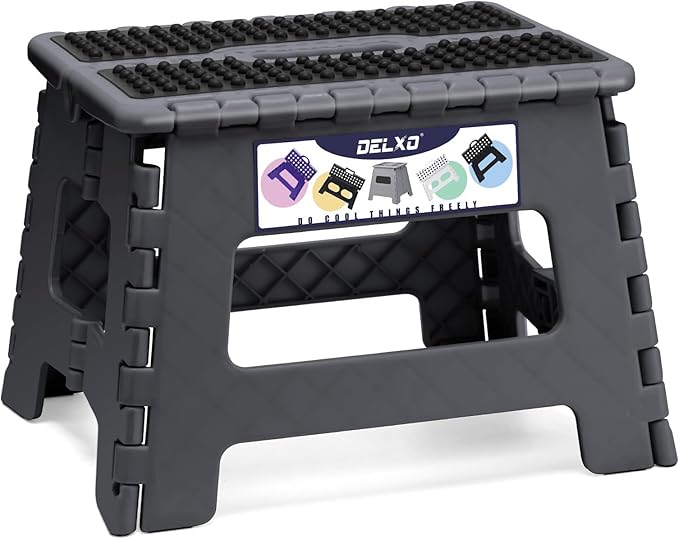Delxo Folding Step Stool 9 Inch,Non-Slip Foldable Stools for Kids & Adults Up to 300 LBS,Kitchen Collapsible Fold Up Stepping Stool with Dotted 1 Pack,Gray by Delxo