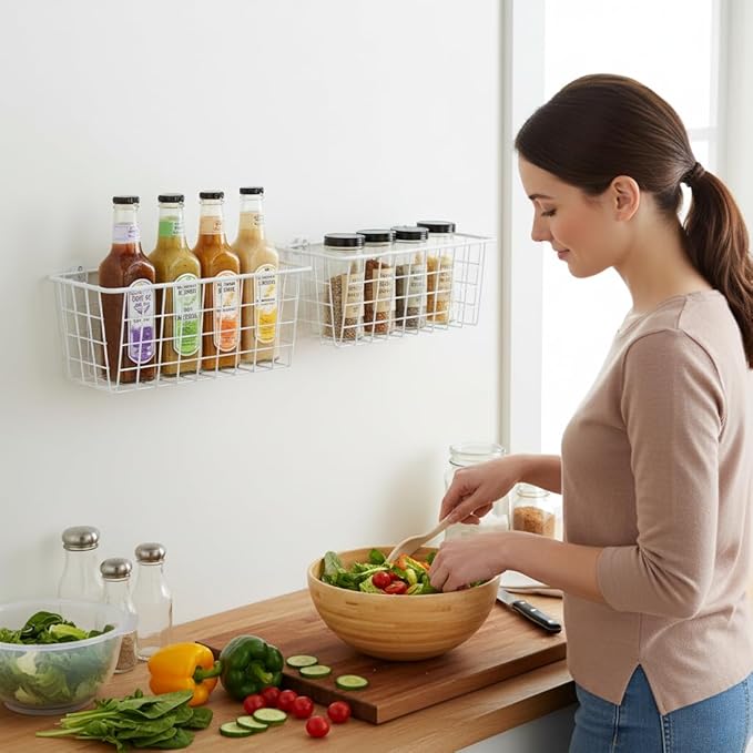 2 Set LeleCAT Hanging Wall Basket Organizer Over the Cabinet Door Adhesive Wire - Image 5