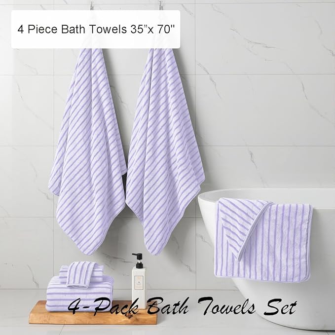 4 Pcs Light Purple Cabana Stripe Large Bath Towels 35"x70" Oversized Bath Sheet - Image 3