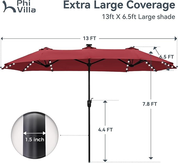 PHI VILLA 13ft Patio Umbrella with Solar-Powered 120 PCS LED Color-Changing Lights, Triple-Head Large Rectangle Umbrella Outdoor Patio for Table with Crank Lift,Dark Red(No Base) - Image 6