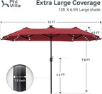 PHI VILLA 13ft Patio Umbrella with Solar-Powered 120 PCS LED Color-Changing Lights, Triple-Head Large Rectangle Umbrella Outdoor Patio for Table with Crank Lift,Dark Red(No Base) - Image 6